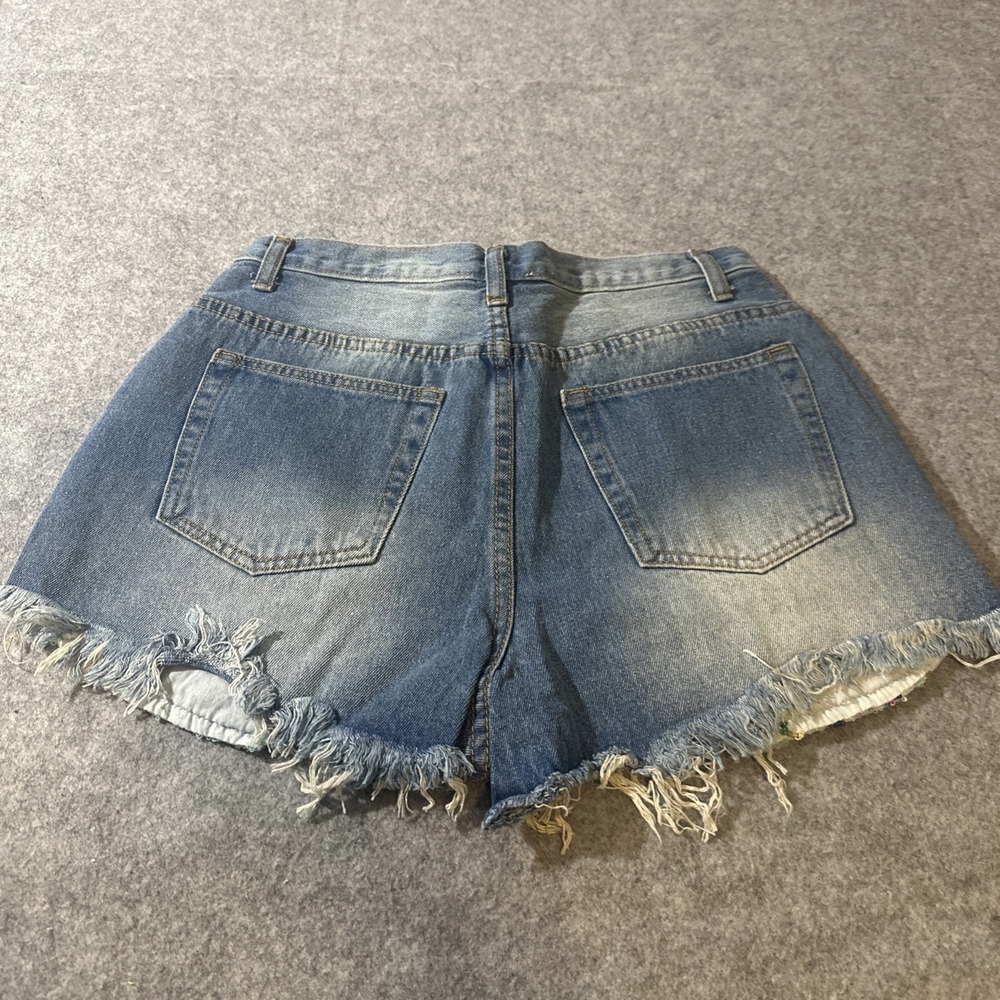 Hayden Womens‎ Medium Wash Distressed Colorful Sequins Festival Jean Shorts Med - Picture 7 of 12